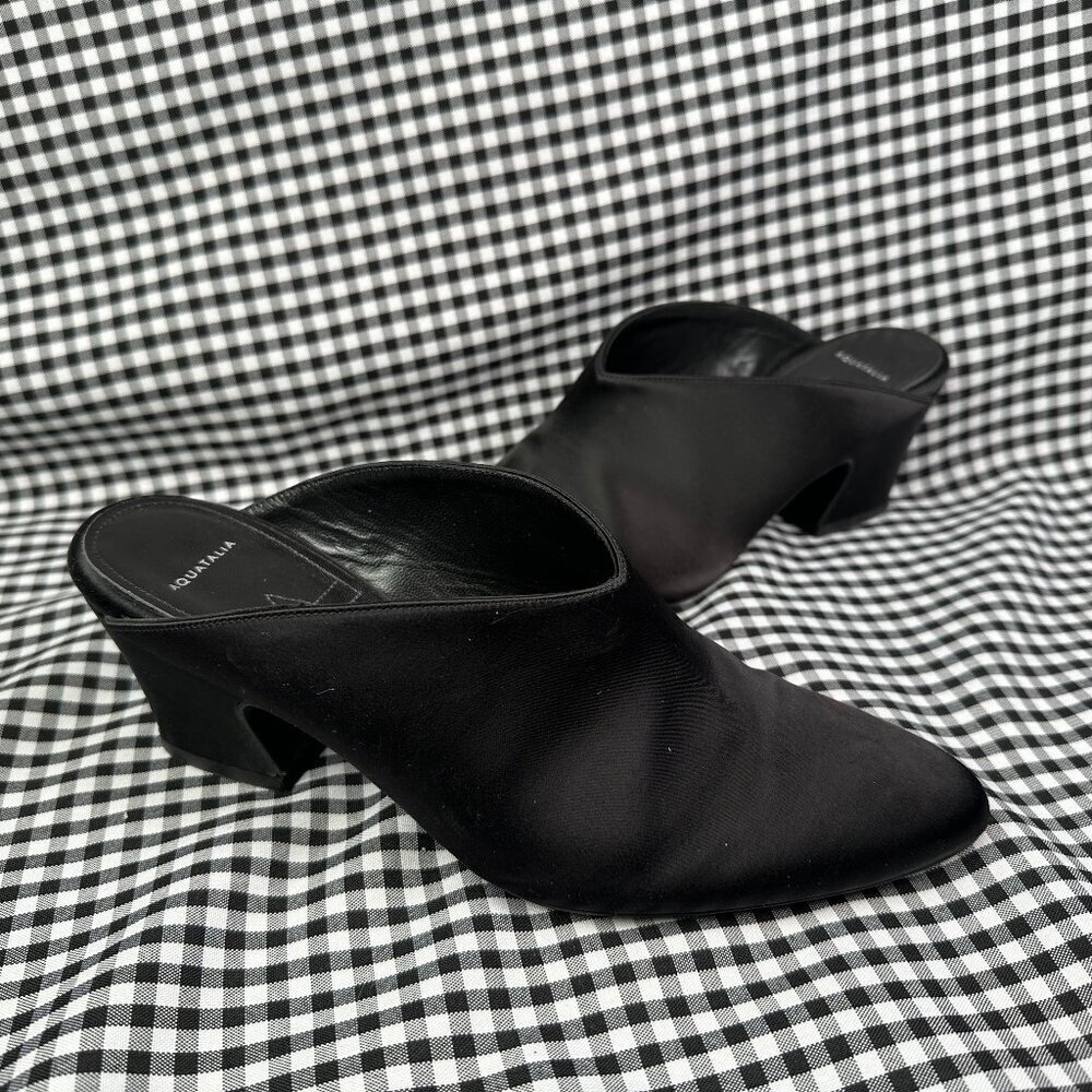 Aquatalia Olima Stretch Satin Slip On Mid Heel Mule Pointed Toe Size 6.5 Black